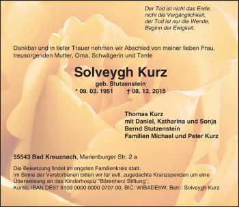 Traueranzeige von Solveygh Kurz von  Allg. Zeitung Bad Kreuznach