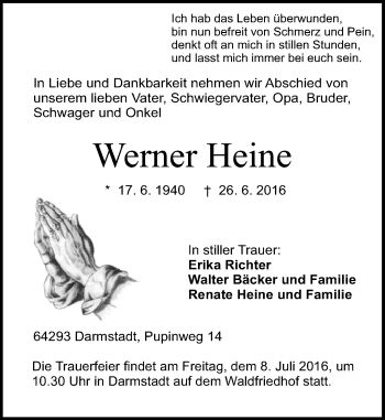 Traueranzeige von Werner Heine von Trauerportal Echo Online