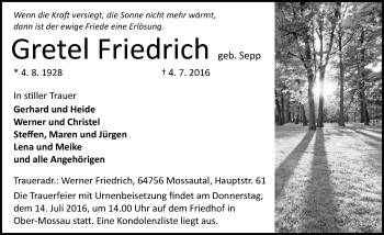 Traueranzeige von Gretel Friedrich von Trauerportal Echo Online