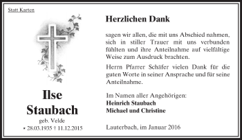 Traueranzeige von Ilse Staubach von  OK Oberhessen Kurier