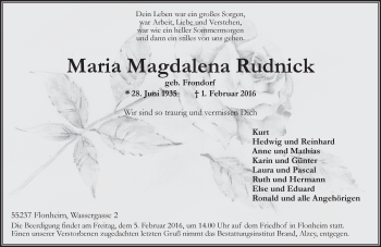 Traueranzeige von Maria Magdalena Rudnick von  Allgemeine Zeitung Alzey