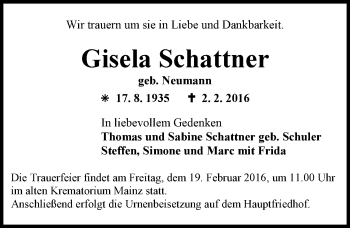 Traueranzeige von Gisela Schattner von  Allgemeine Zeitung Mainz