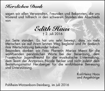 Traueranzeige von Edith Haas von  Gießener Anzeiger