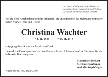 Traueranzeige von Christina Wachter von  Landskrone
