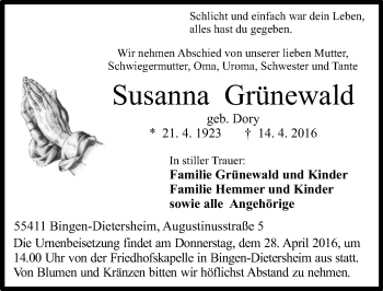 Traueranzeige von Susanna Grünewald von  Allgemeine  Zeitung Ingelheim-Bingen