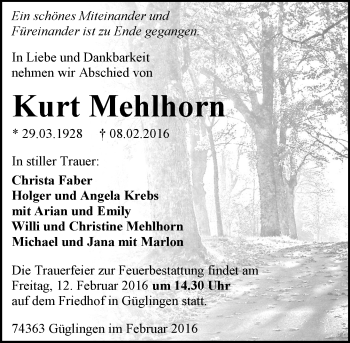 Traueranzeige von Kurt Mehlhorn von  Allgemeine Zeitung Alzey