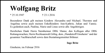 Traueranzeige von Wolfgang Britz von  Allgemeine Zeitung Mainz