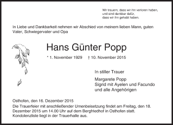 Traueranzeige von Hans Günter Popp von  Wormser Zeitung