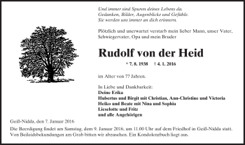 Traueranzeige von Rudolf von der Heid von  Kreisanzeiger