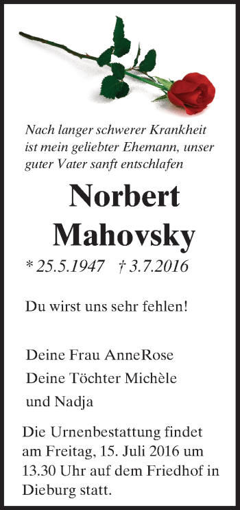 Traueranzeige von Norbert Mahovsky von Trauerportal Echo Online