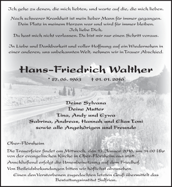 Traueranzeige von Hans-Friedrich Walther von  Allgemeine Zeitung Alzey