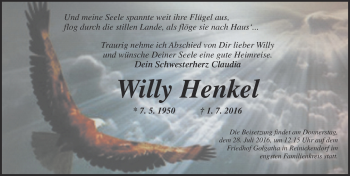 Traueranzeige von Willy Henkel von  Gelnhäuser Tageblatt