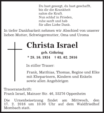 Traueranzeige von Christa Israel von  Landskrone