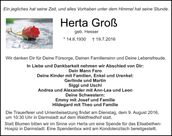 Traueranzeige von Herta Groß von Trauerportal Echo Online