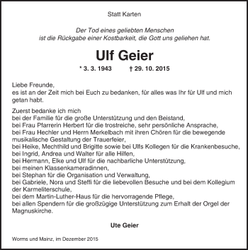 Traueranzeige von Ulf Geier von  Allgemeine Zeitung Mainz