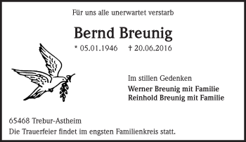 Traueranzeige von Bernd Breunig von Trauerportal Echo Online