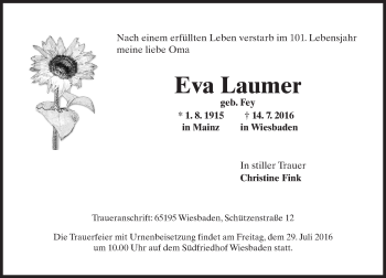 Traueranzeige von Eva Laumer von Trauerportal Rhein Main Presse