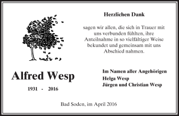 Traueranzeige von Alfred Wesp von  GT am Sonntag