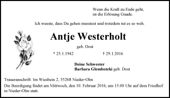 Traueranzeige von Antje Westerholt von  Allgemeine Zeitung Mainz
