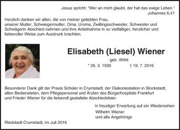Traueranzeige von Elisabeth Wiener von Trauerportal Echo Online