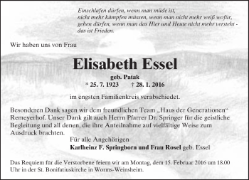 Traueranzeige von Elisabeth Essel von  Wormser Zeitung