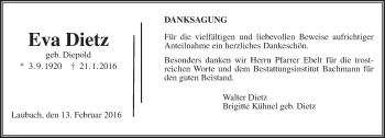 Traueranzeige von Eva Dietz von  Gießener Anzeiger