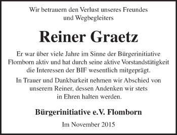 Traueranzeige von Reiner Graetz von  Allgemeine Zeitung Alzey