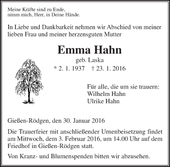 Traueranzeige von Emma Hahn von  Gießener Anzeiger