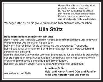 Traueranzeige von Ulla Stütz von Trauerportal Echo Online