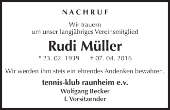 Traueranzeige von Rudolf Müller von trauer.rmp.de