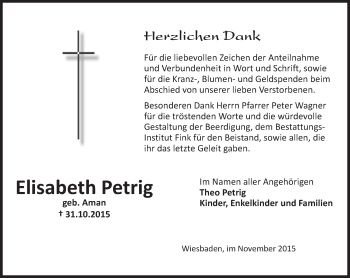 Traueranzeige von Elisabeth Petrig von  Wiesbaden komplett