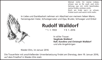 Traueranzeige von Rudolf Walldorf von  Allgemeine Zeitung Mainz