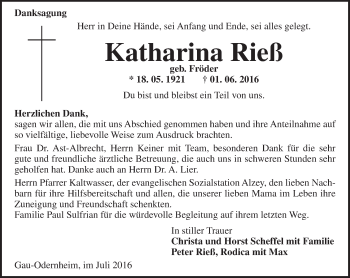 Traueranzeige von Katharina Rieß von Trauerportal Rhein Main Presse