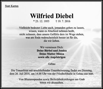 Traueranzeige von Wilfried Diebel von VRM Trauer