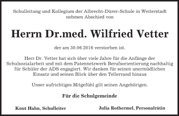 Traueranzeige von Wilfried Vetter von Trauerportal Echo Online