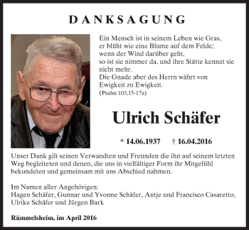 Traueranzeige von Ulrich Schäfer von  Allgemeine  Zeitung Ingelheim-Bingen