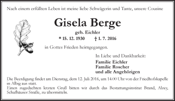 Traueranzeige von Gisela Berge von Trauerportal Rhein Main Presse
