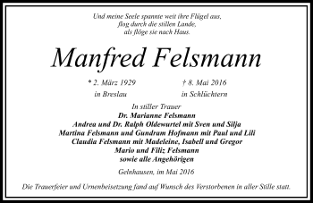 Traueranzeige von Manfred Felsmann von  Gelnhäuser Tageblatt