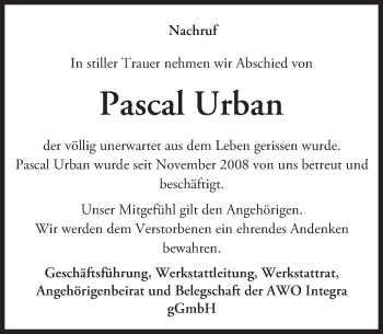 Traueranzeige von Pascal Urban von Trauerportal Echo Online
