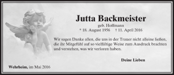 Traueranzeige von Jutta Backmeister von  Camberger Anzeiger