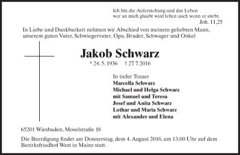 Traueranzeige von Jakob Schwarz von Trauerportal Rhein Main Presse