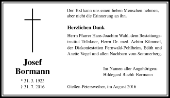 Traueranzeige von Josef Bormann von  Gießener Anzeiger