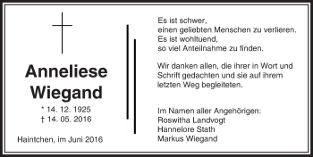 Traueranzeige von Anneliese Wiegand von  Camberger Anzeiger