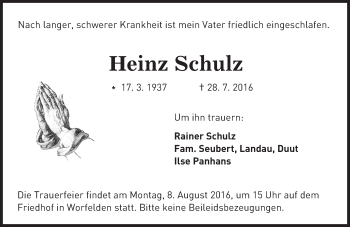 Traueranzeige von Heinz Schulz von Trauerportal Echo Online