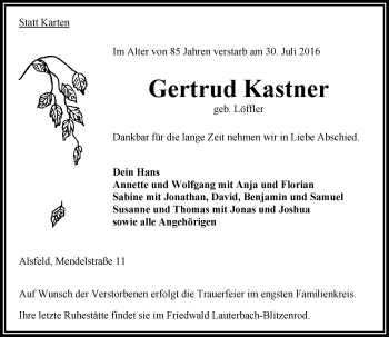 Traueranzeige von Gertrud Kastner von VRM Trauer
