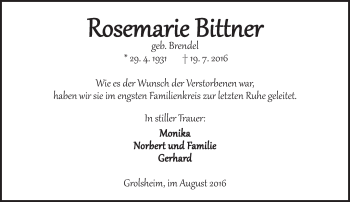 Traueranzeige von Rosemarie Bittner von Trauerportal Rhein Main Presse