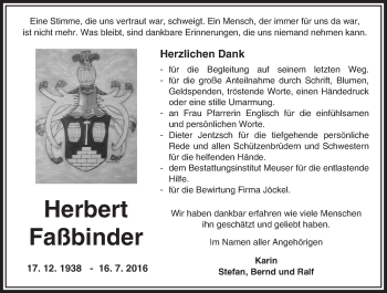 Traueranzeige von Herbert Faßbinder von  Sonntags Anzeiger