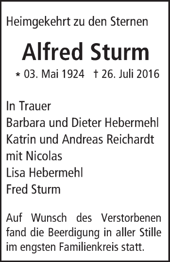 Traueranzeige von Alfred Sturm von Trauerportal Echo Online