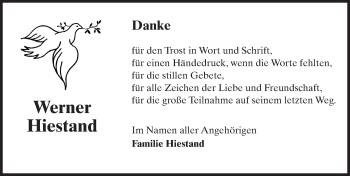Traueranzeige von Werner Hiestand von Trauerportal Rhein Main Presse
