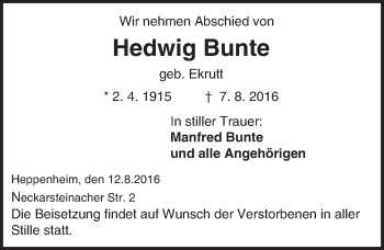 Traueranzeige von Hedwig Bunte von Trauerportal Echo Online